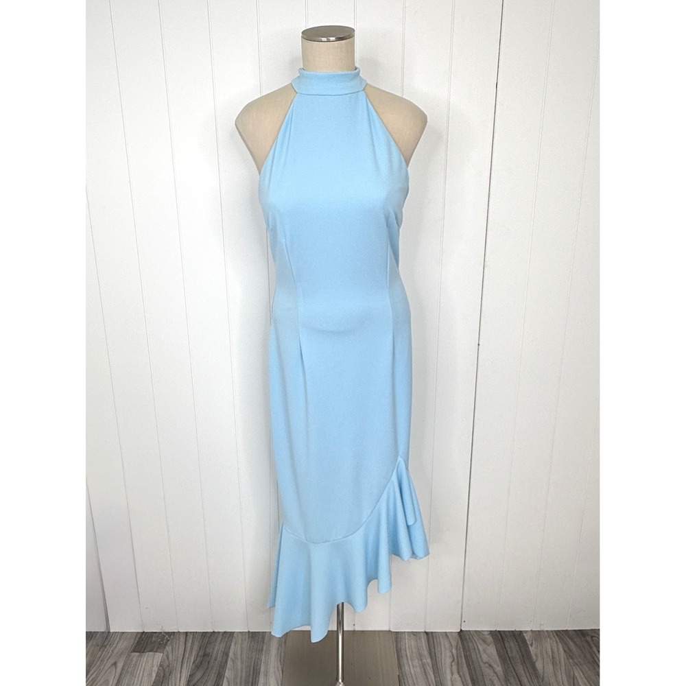 The Fashion Poet Halter Mermaid Dress Women Large Light Blue Asymmetric Ruffle